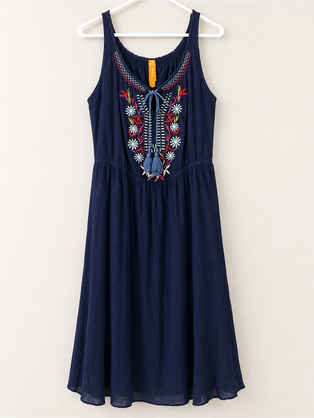 Magic Navy Embroidered Boho Dress Size 1X Tassel Tie Sleeveless Midi Dress